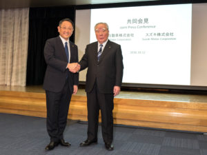 Toyota's president, Akio Toyoda, and Suzuki’s chairman, Osamu Suzuki, at the press conference