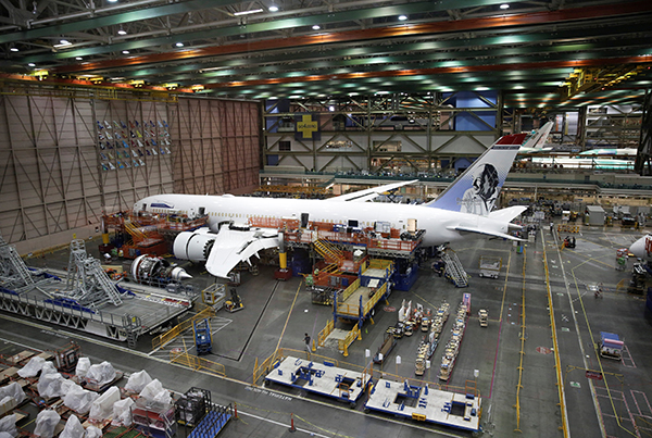 A Boeing 787 is pictured at Boeing's production facility in Everett, Washington