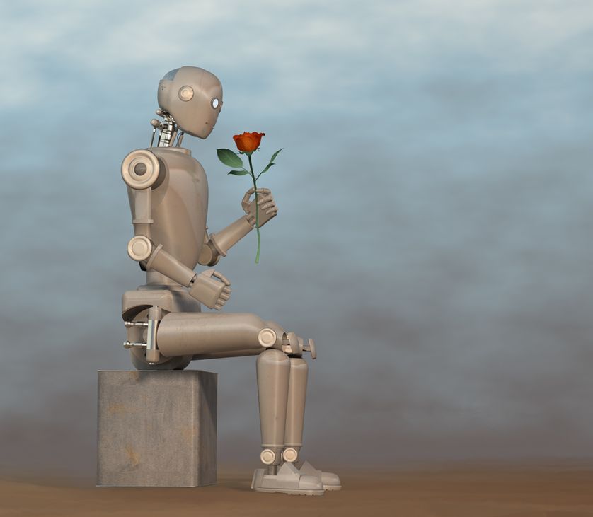 robot smelling flower