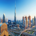 Dubai highway logistics network with trucks moving goods across the city