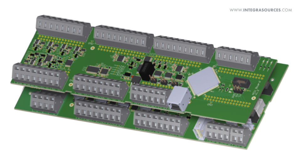 A 3D model of the controller PCB for managing coffee roasters, developed by Integra Sources.