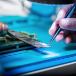Hands holding tools repairing a circuit board.