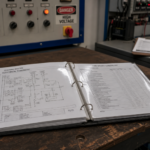 An electrical schematic and checklist on an industrial table.
