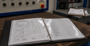 An electrical schematic and checklist on an industrial table.