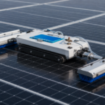 Robotic solar panel cleaner with blue roller brushes operating on photovoltaic modules