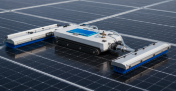 Robotic solar panel cleaner with blue roller brushes operating on photovoltaic modules