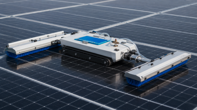 Robotic solar panel cleaner with blue roller brushes operating on photovoltaic modules